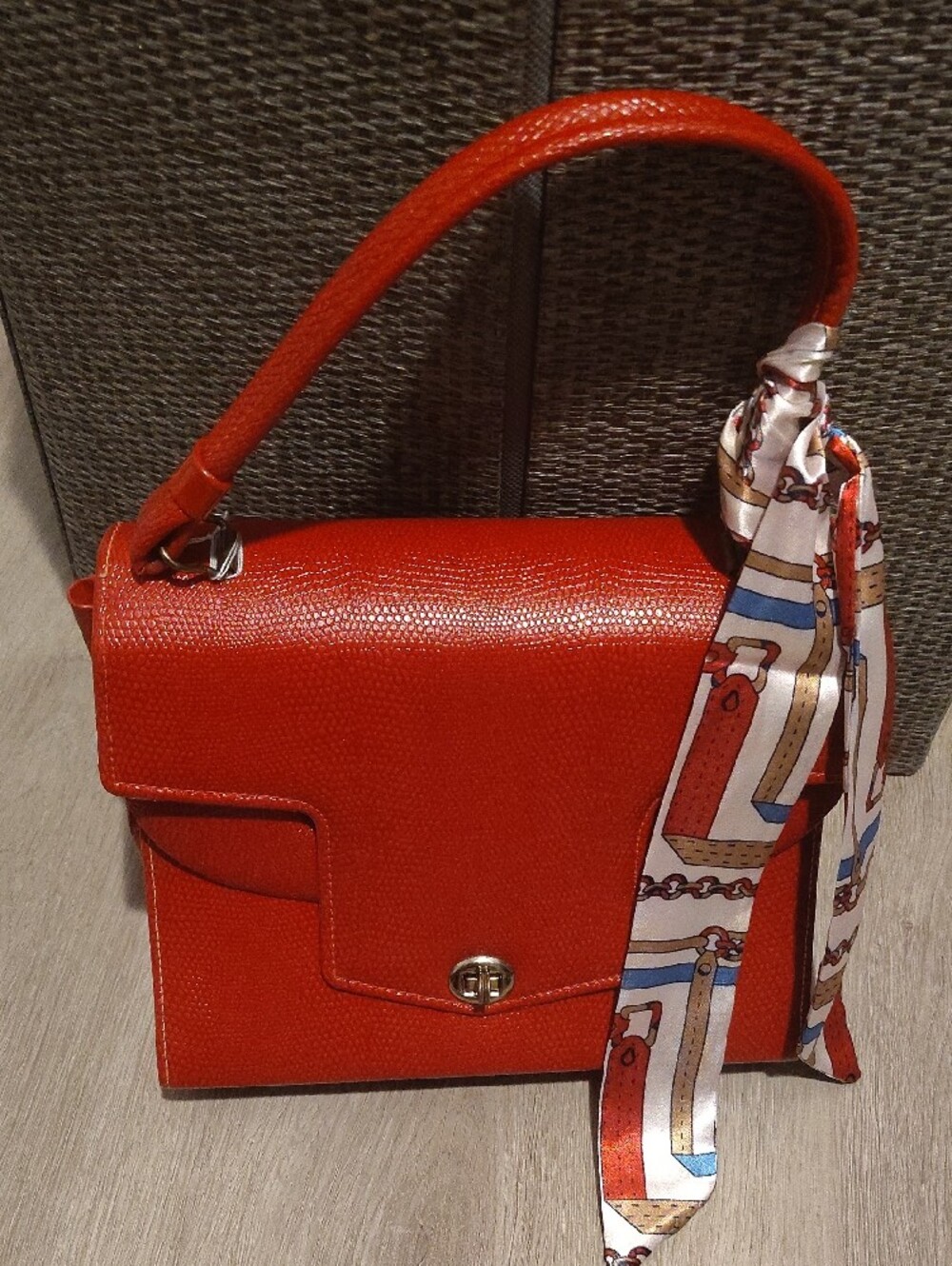 🆕Red Leather Shoulder Bag with Scarf Accent